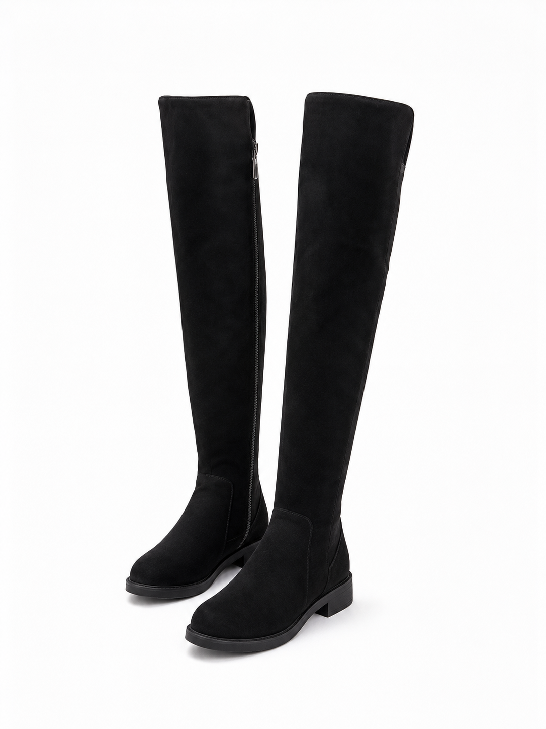 Women's Black Knee High Boots with Low Block Heel and Slip On Design For Motor Bikes