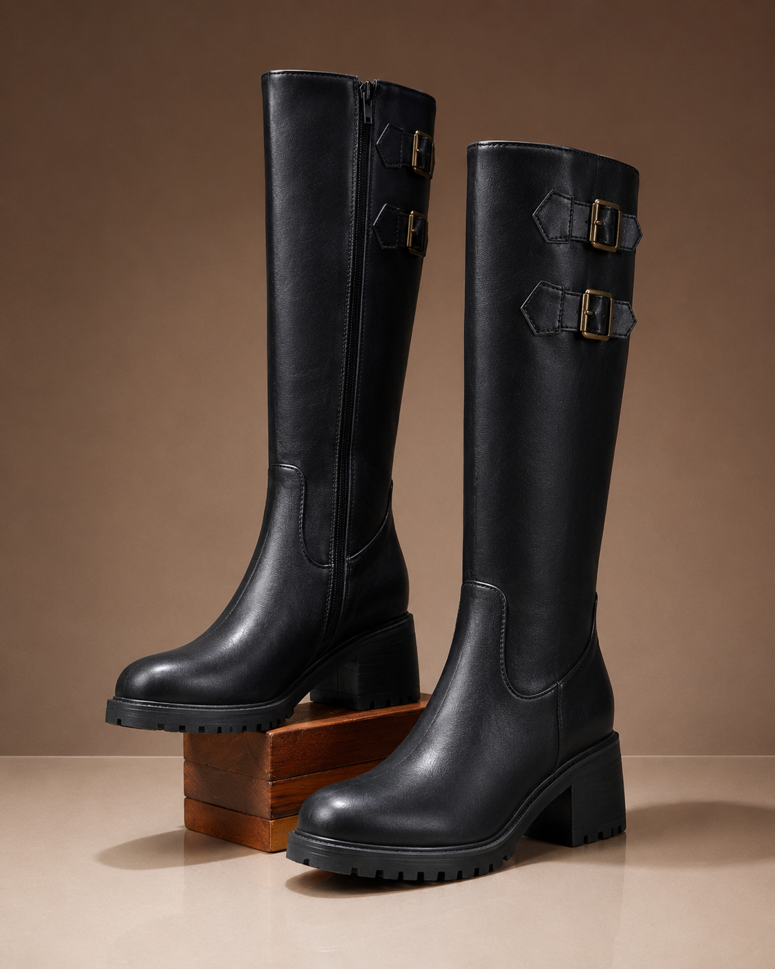 Women’s Black & Brown Knee Equestrian High Riding Boots with Buckle Detail Halloween Winters