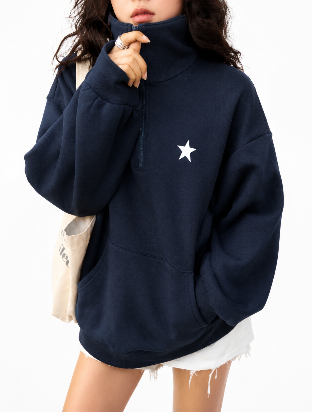 Women’s Warm Navy Blue Quarter Zip Fleece Hoodie With Star Detail Winters