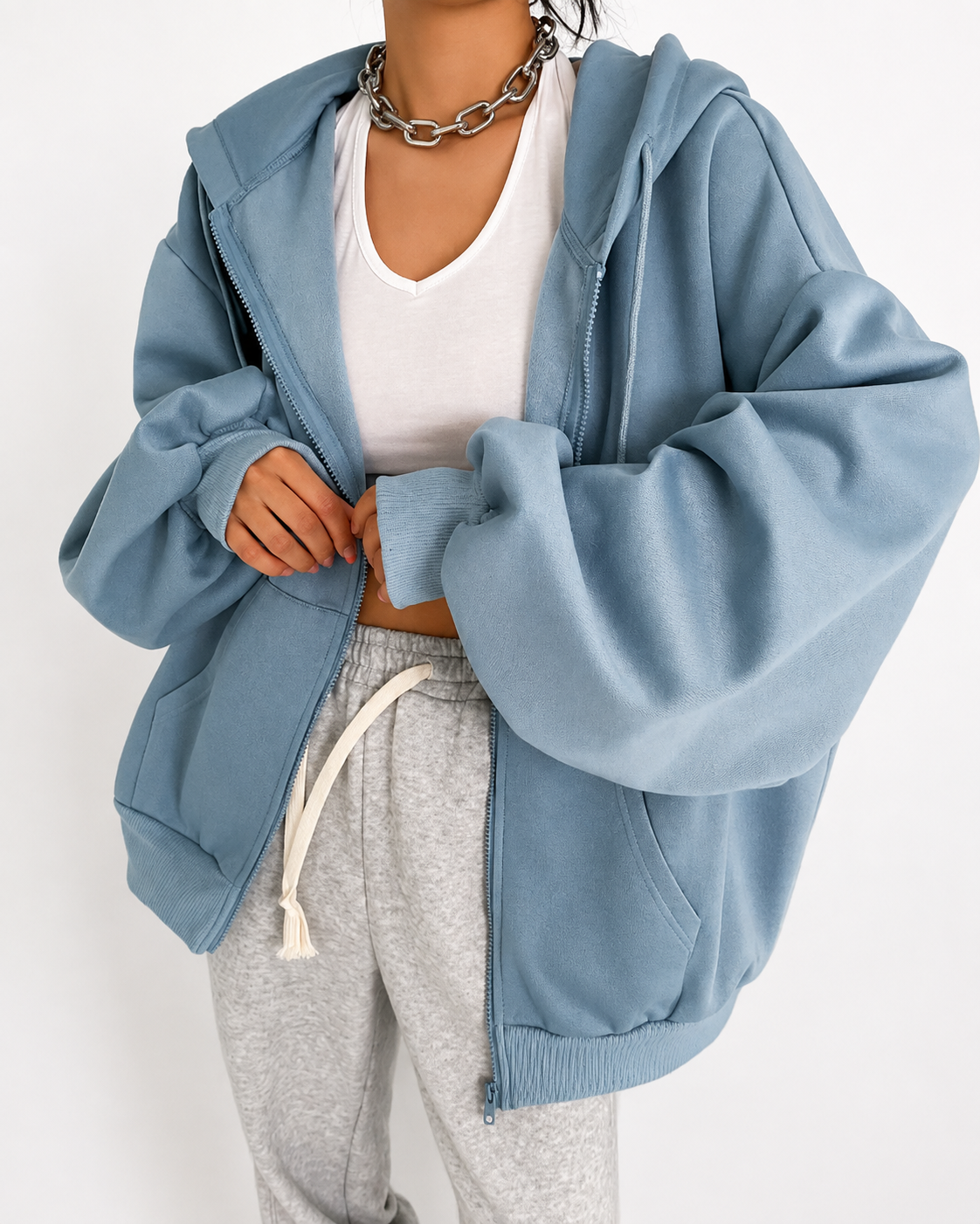 Women’s Charcoal Gray  Blue Oversized Zip Up Hoodie Jacket With Hood Winters