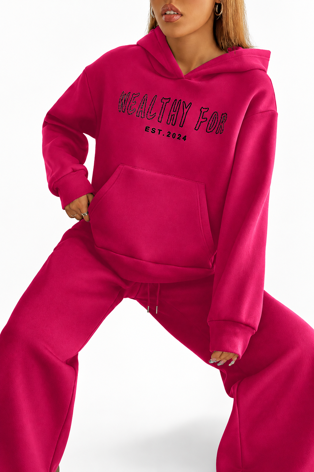 Women’s Pink Hot Pink Hooded Sweatshirt And Wide Leg Sweatpants Set For Winters Casual & Travel
