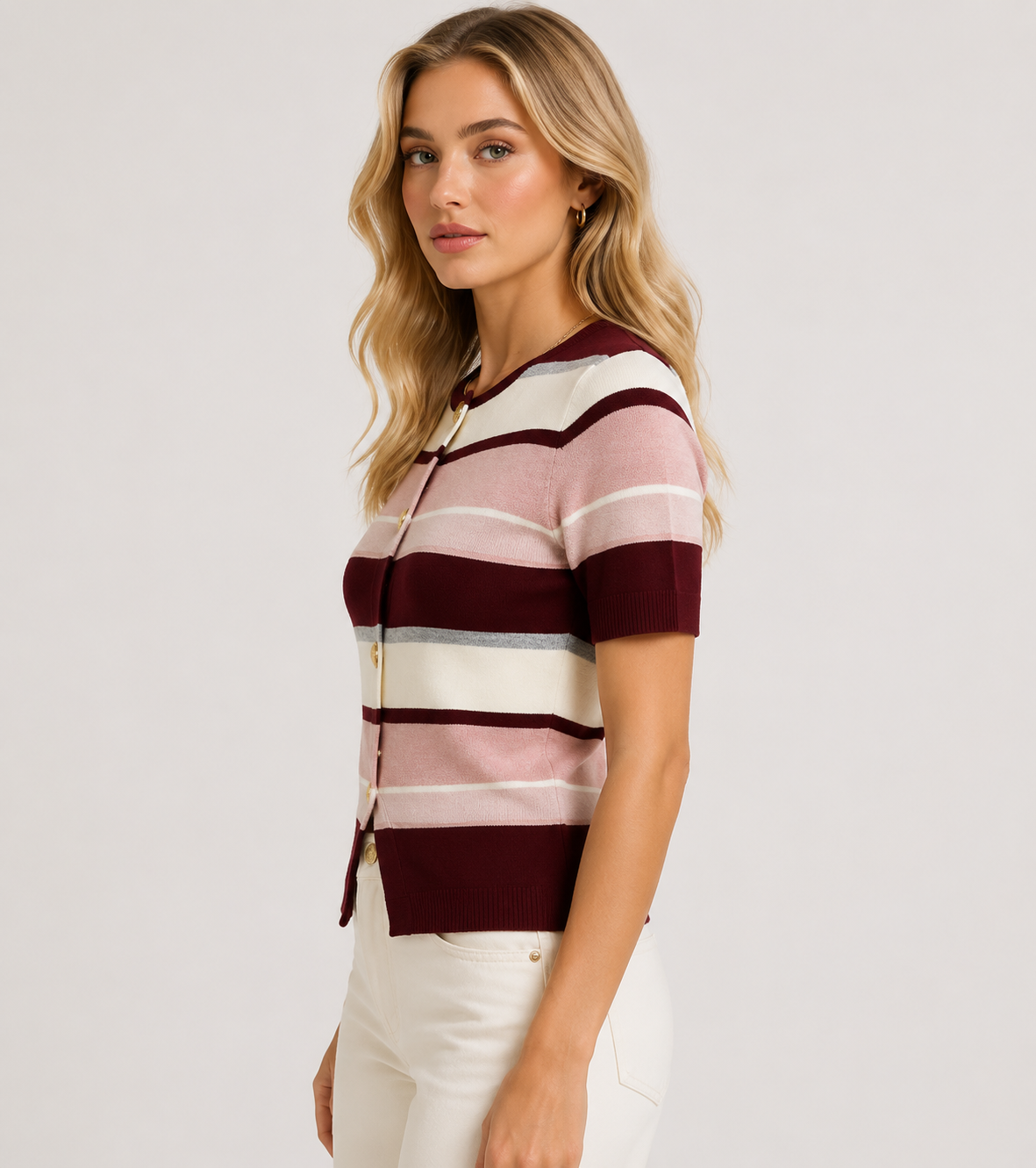 Women's Contrast Stripe Short Sleeve Knit Cardigan  Lightweight Button Front Summer Sweater Top