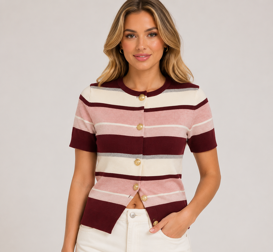 Women's Contrast Stripe Short Sleeve Knit Cardigan  Lightweight Button Front Summer Sweater Top