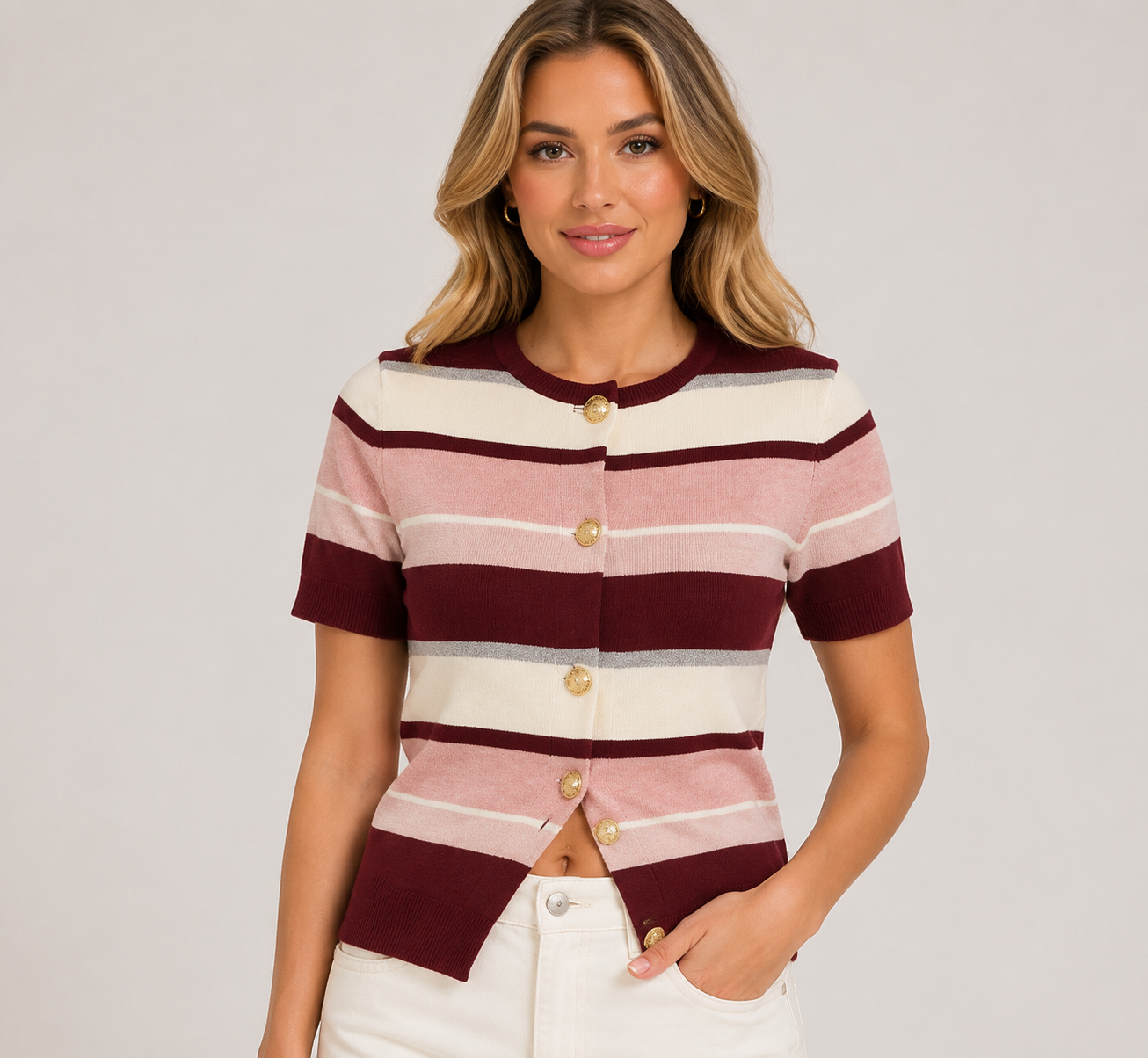 Women's Contrast Stripe Short Sleeve Knit Cardigan  Lightweight Button Front Summer Sweater Top