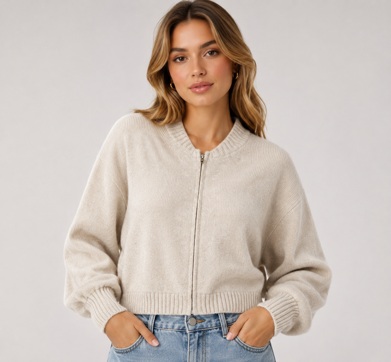 Women's Zip-Up Knit Cardigan Casual Long Sleeve Lightweight Sweater Jacket