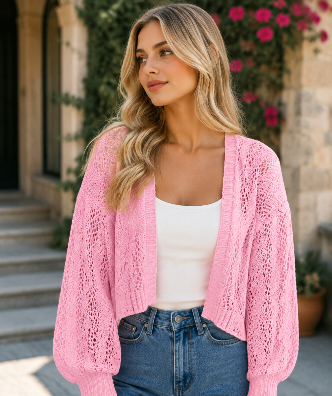 Women's Batwing Sleeve Lightweight Knit Shrug Cardigan Hollow Out Open Front Summer Cover Up