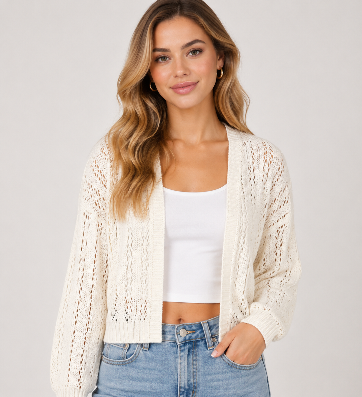 Women's Batwing Sleeve Lightweight Knit Shrug Cardigan Hollow Out Open Front Summer Cover Up