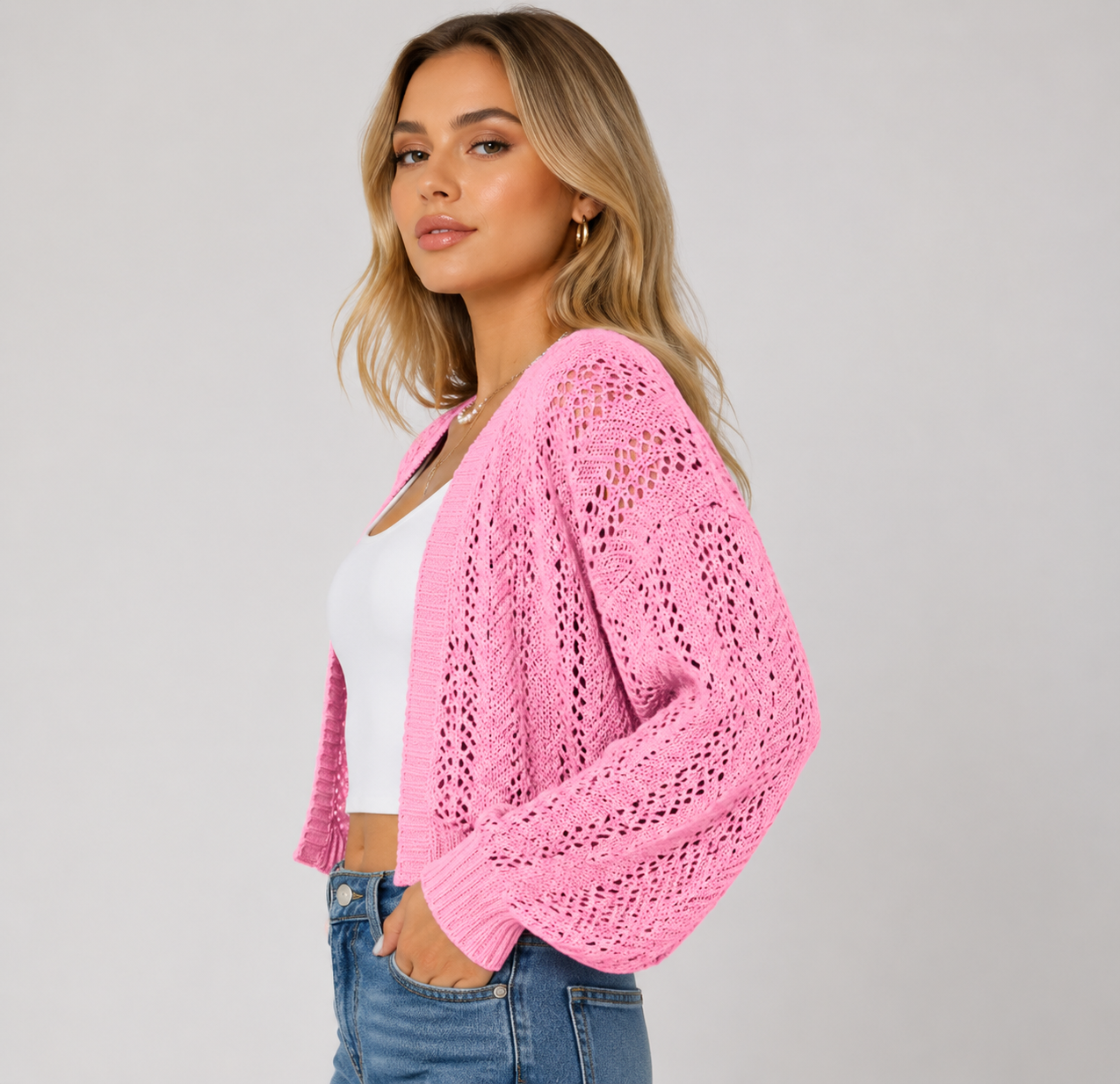 Women's Batwing Sleeve Lightweight Knit Shrug Cardigan Hollow Out Open Front Summer Cover Up