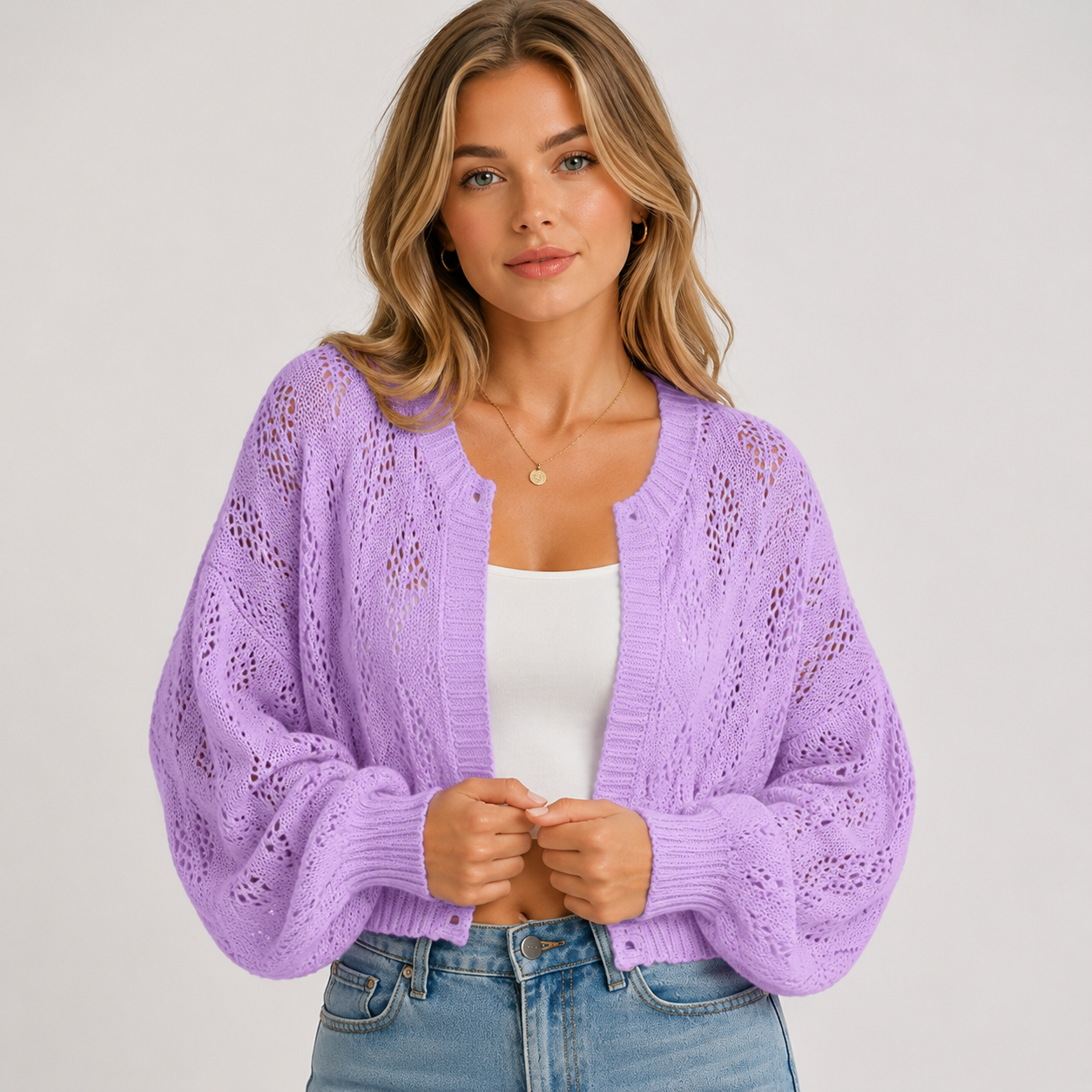 Women's Batwing Sleeve Lightweight Knit Shrug Cardigan Hollow Out Open Front Summer Cover Up