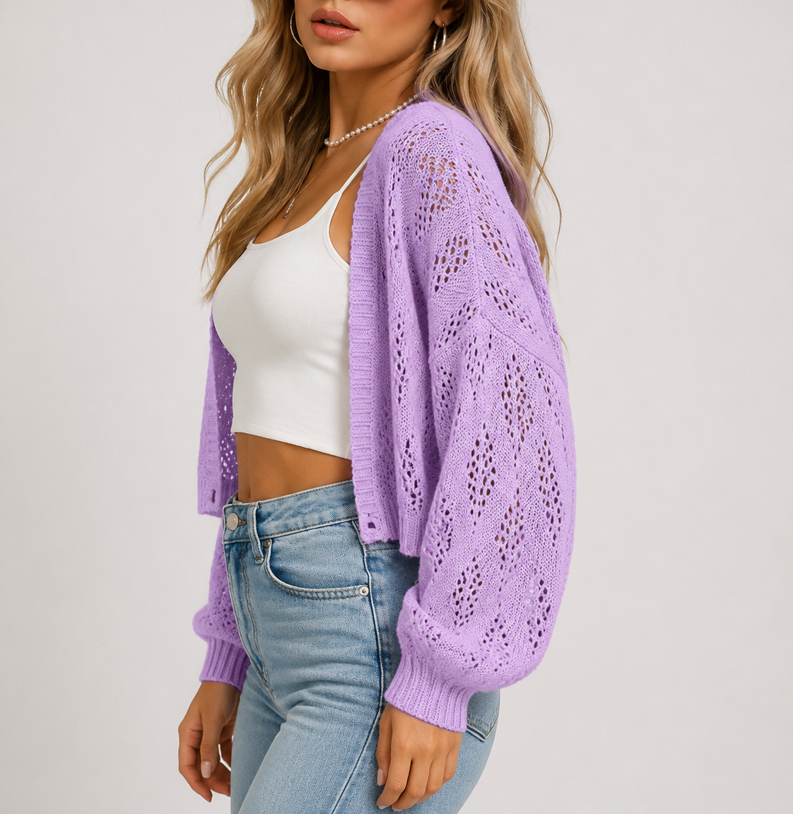 Women's Batwing Sleeve Lightweight Knit Shrug Cardigan Hollow Out Open Front Summer Cover Up