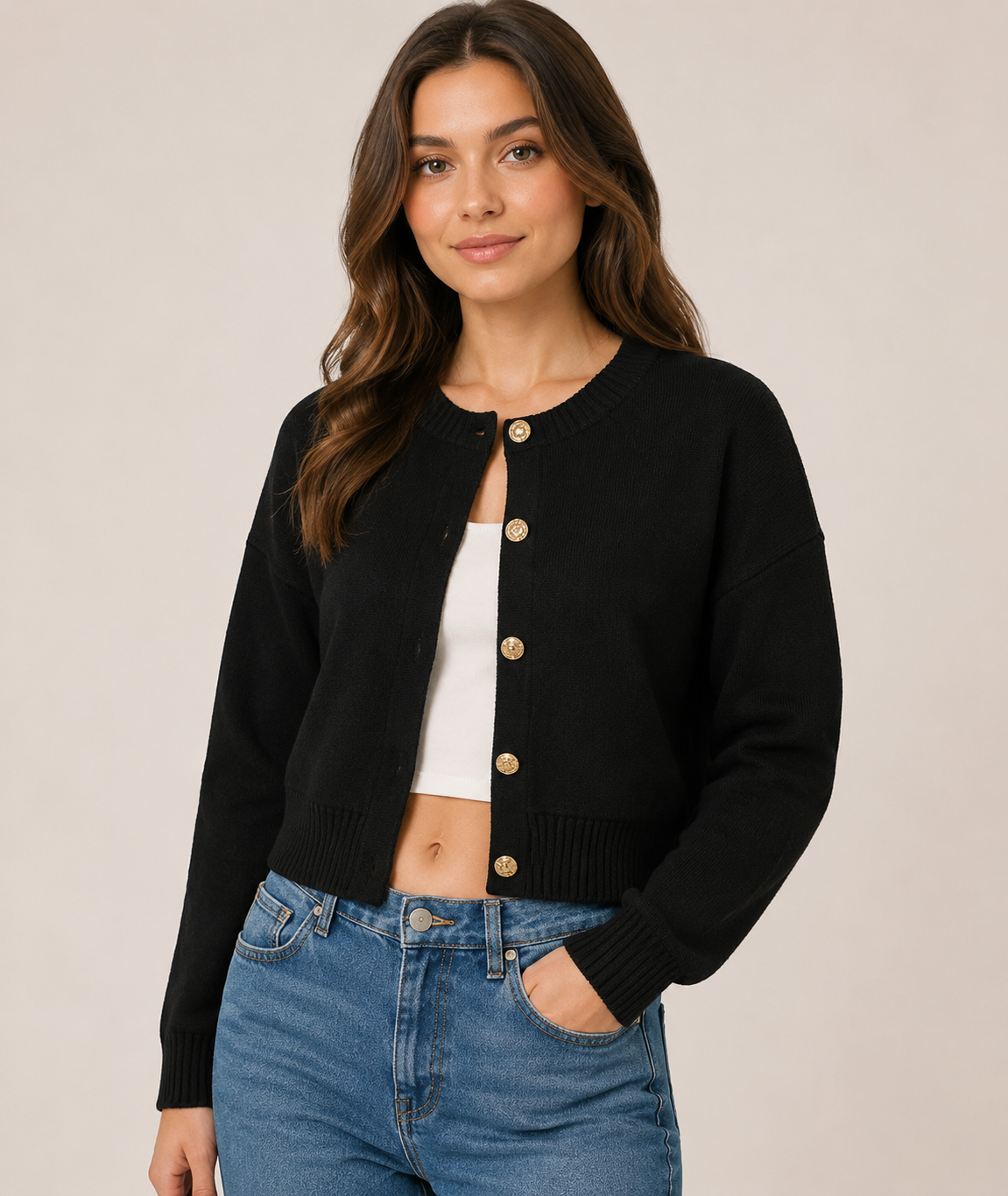 Women's Vintage Cropped Knit Cardigan Round Neck Long Sleeve Button Front Soft Knit Sweater for Casual Everyday Wear