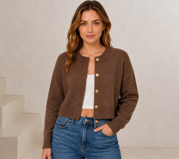 Women's Vintage Cropped Knit Cardigan Round Neck Long Sleeve Button Front Soft Knit Sweater for Casual Everyday Wear