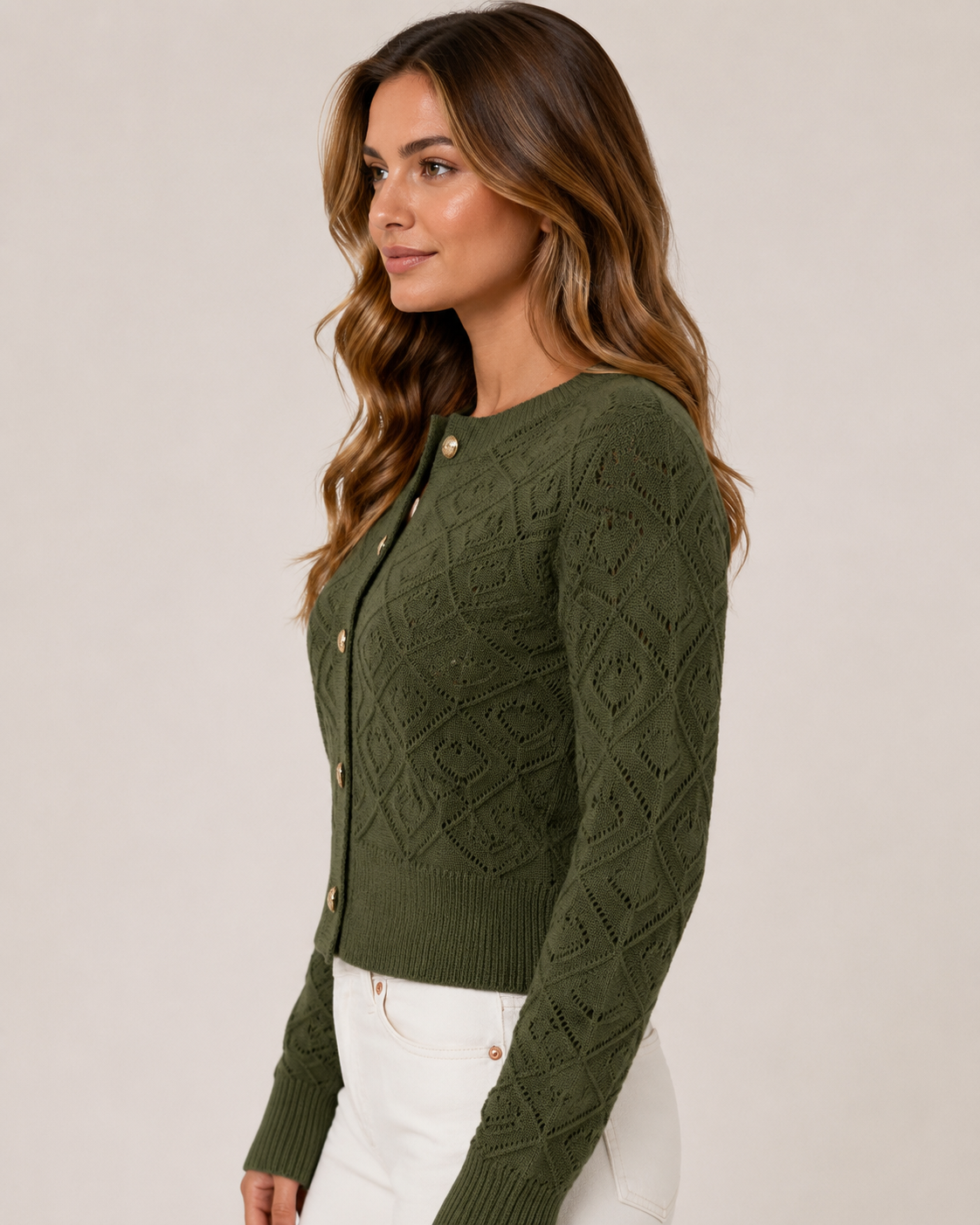 Women's Hollow Knit Cardigan Long Sleeve Button Front Cropped Lightweight Openwork Sweater for Casual Everyday Wear