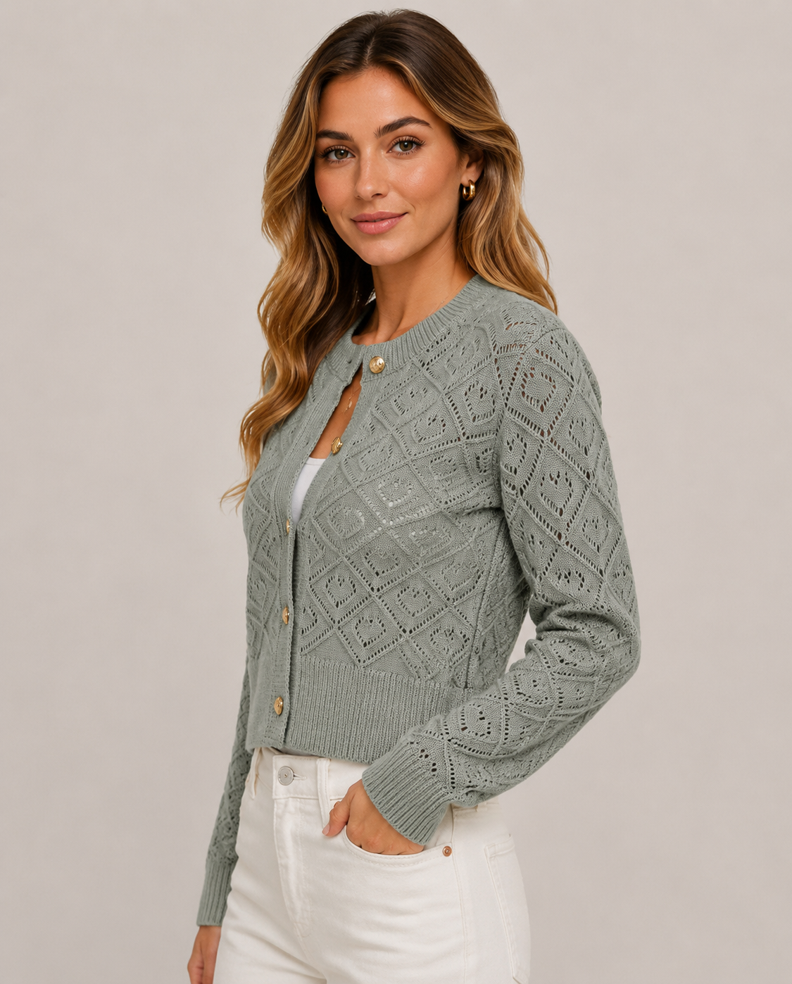Women's Hollow Knit Cardigan Long Sleeve Button Front Cropped Lightweight Openwork Sweater for Casual Everyday Wear
