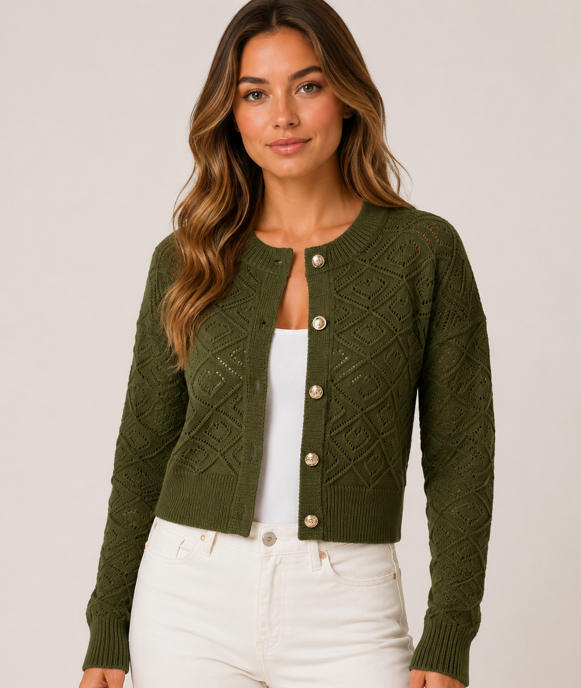 Women's Hollow Knit Cardigan Long Sleeve Button Front Cropped Lightweight Openwork Sweater for Casual Everyday Wear