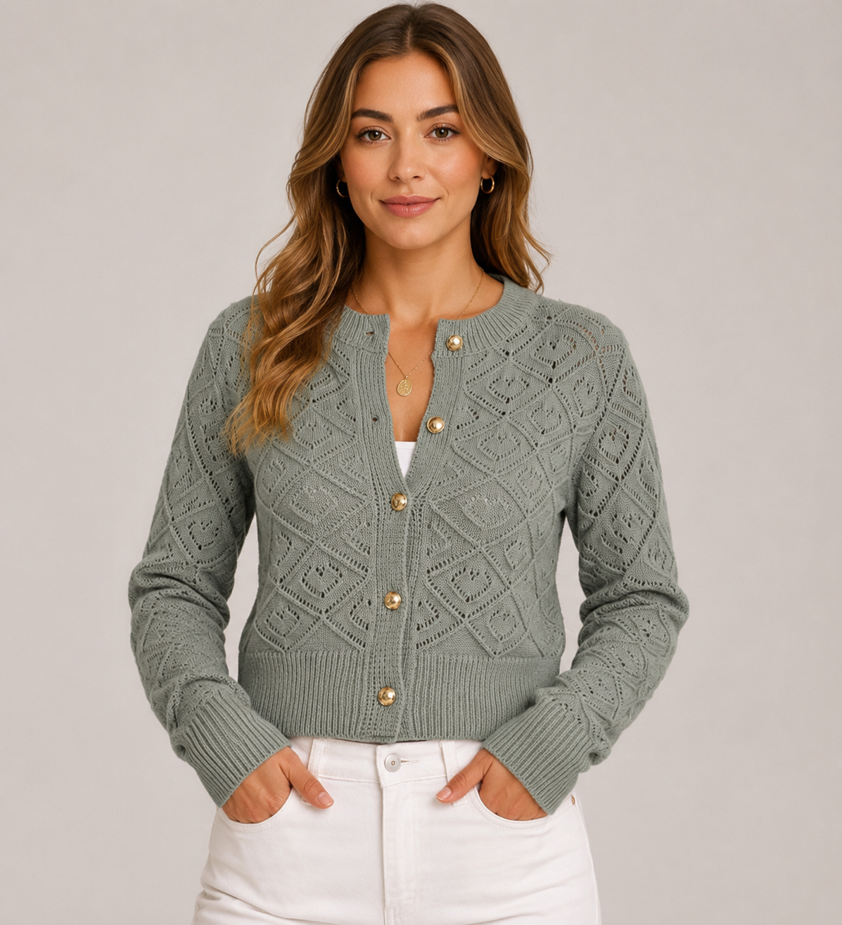 Women's Hollow Knit Cardigan Long Sleeve Button Front Cropped Lightweight Openwork Sweater for Casual Everyday Wear