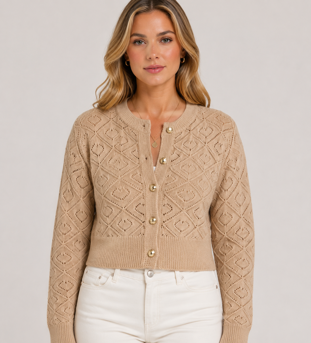 Women's Hollow Knit Cardigan Long Sleeve Button Front Cropped Lightweight Openwork Sweater for Casual Everyday Wear