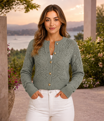 Women's Hollow Knit Cardigan Long Sleeve Button Front Cropped Lightweight Openwork Sweater for Casual Everyday Wear