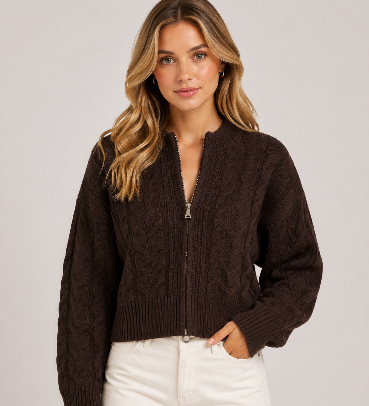 Women's Cable Knit Zip Up Cardigan Long Sleeve Ribbed Knit Sweater Jacket for Autumn & Winter