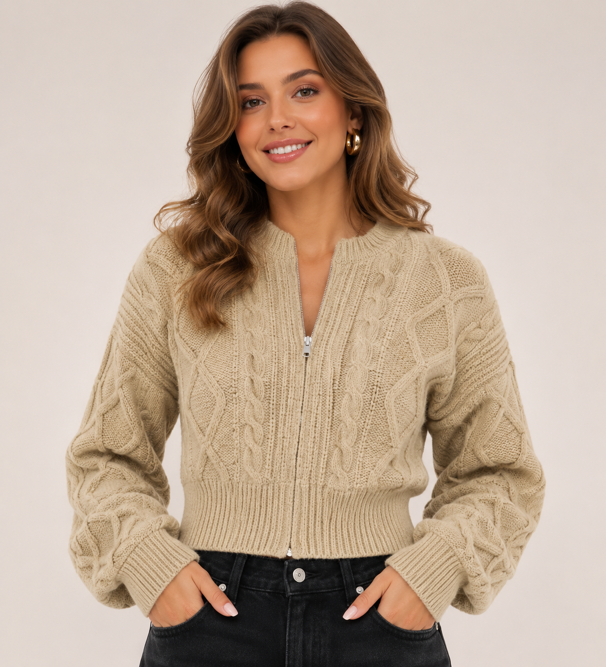 Women's Cable Knit Zip Up Cardigan Long Sleeve Ribbed Knit Sweater Jacket for Autumn & Winter