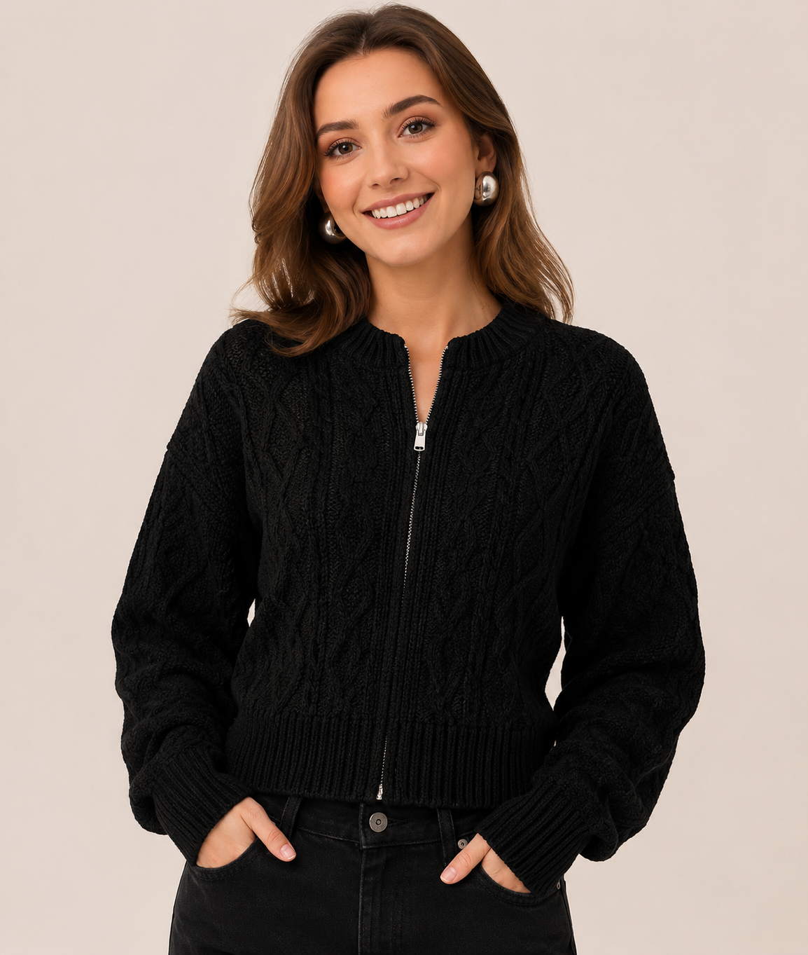 Women's Cable Knit Zip Up Cardigan Long Sleeve Ribbed Knit Sweater Jacket for Autumn & Winter