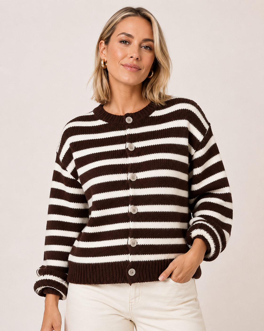 Women's Vintage Striped Knit Cardigan Soft Long Sleeve for Autumn, Winter & Everyday Layering