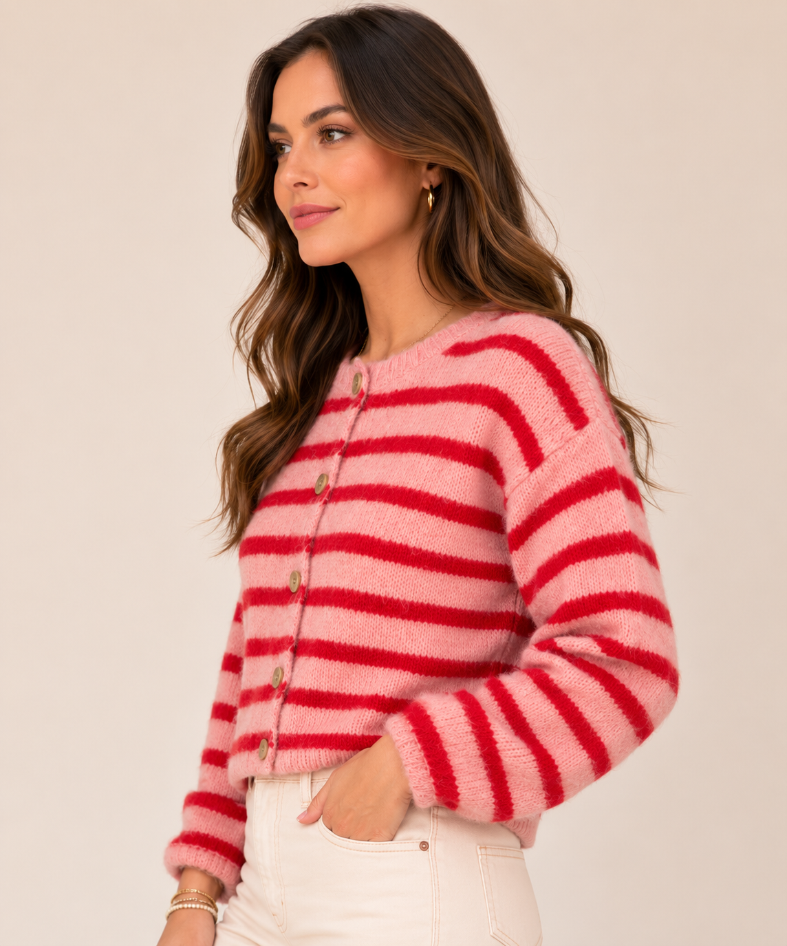 Women's Vintage Striped Knit Cardigan Soft Long Sleeve for Autumn, Winter & Everyday Layering