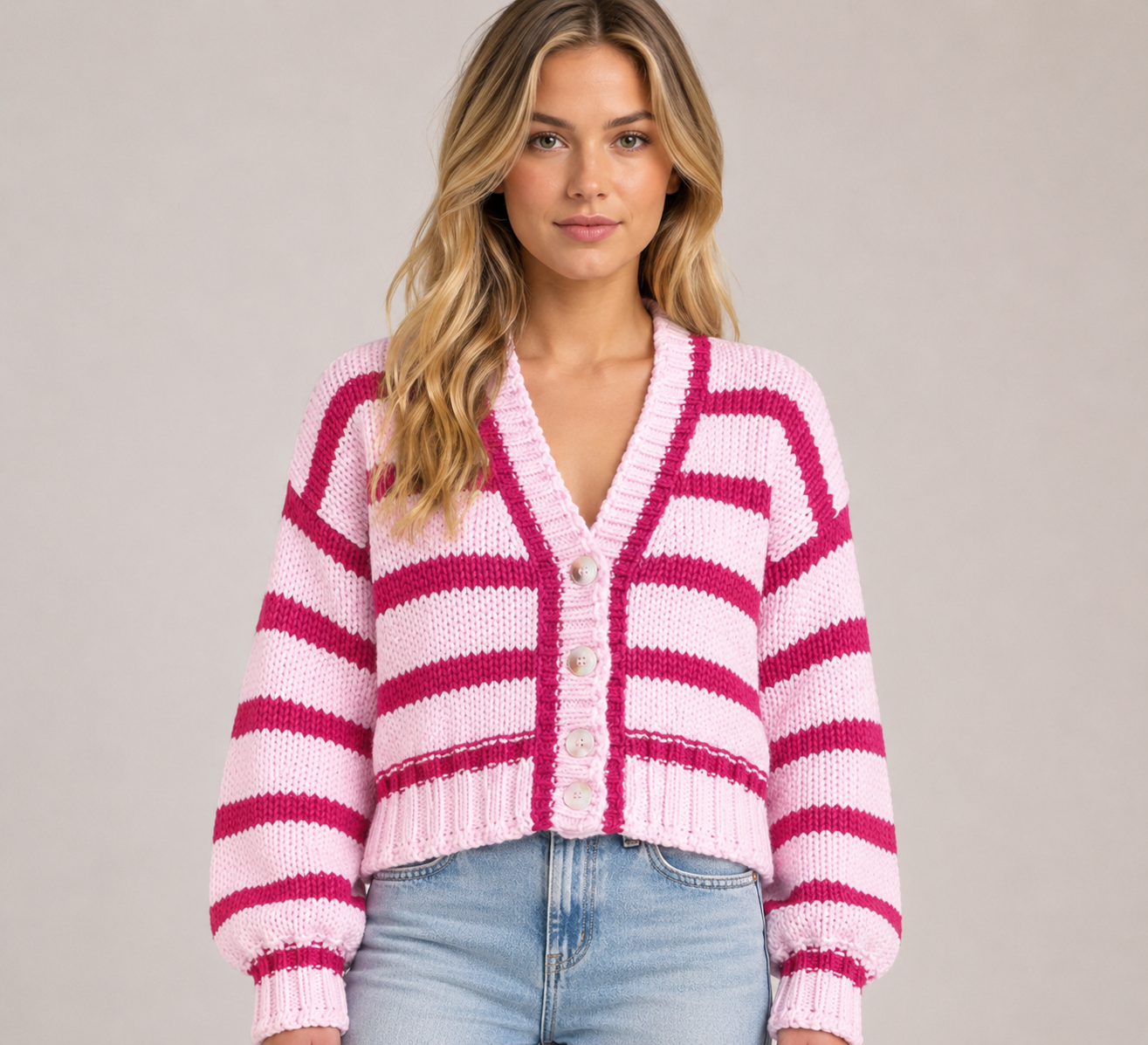 Women's Contrast Stripe V Neck Button Up Knit Cardigan Long Sleeve Casual Sweater for Spring, Autumn & Winter