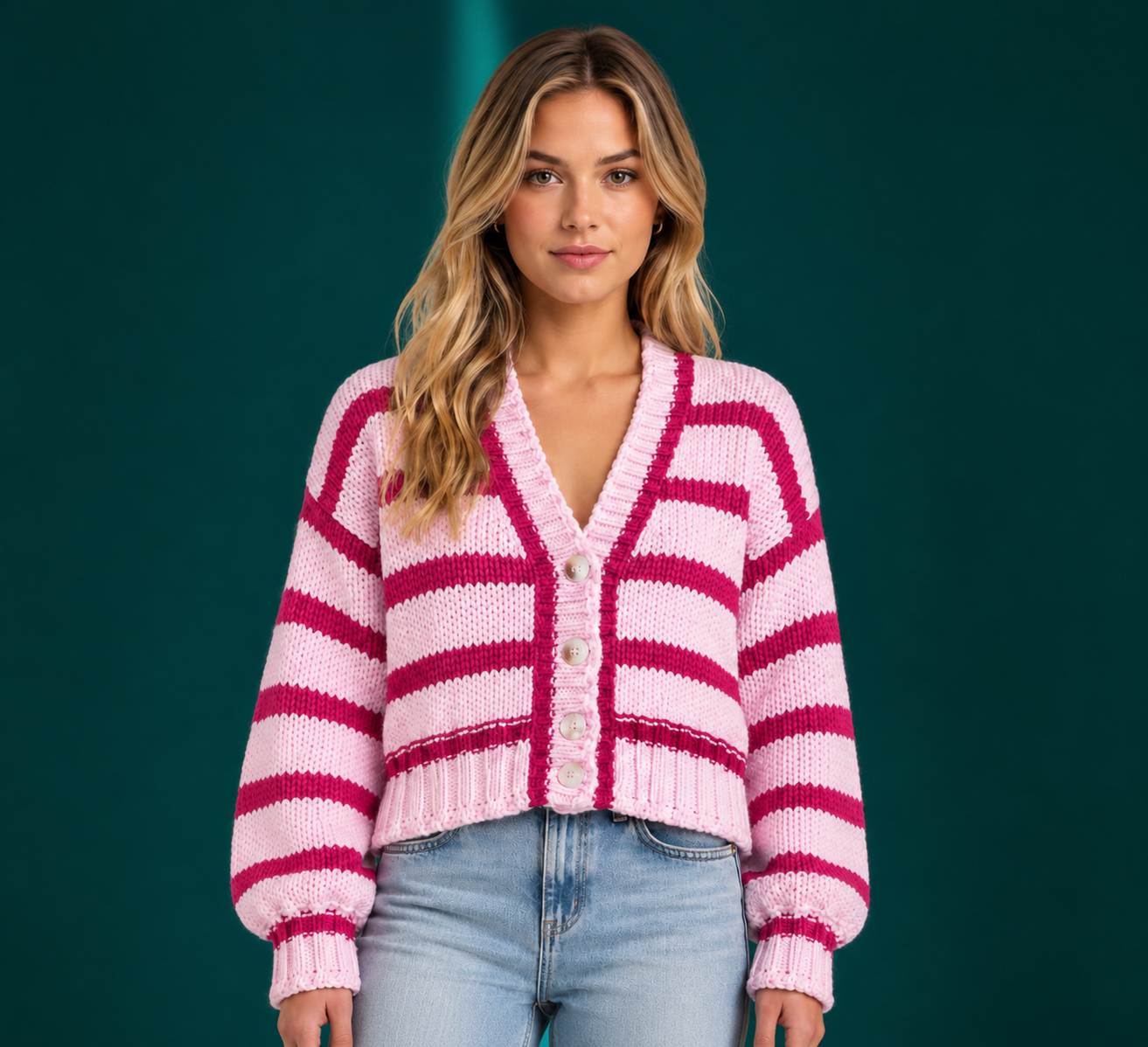Women's Contrast Stripe V Neck Button Up Knit Cardigan Long Sleeve Casual Sweater for Spring, Autumn & Winter