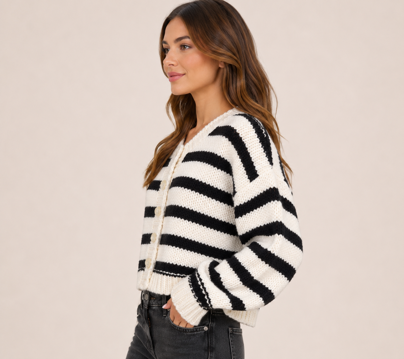 Women's Contrast Stripe V Neck Button Up Knit Cardigan Long Sleeve Casual Sweater for Spring, Autumn & Winter