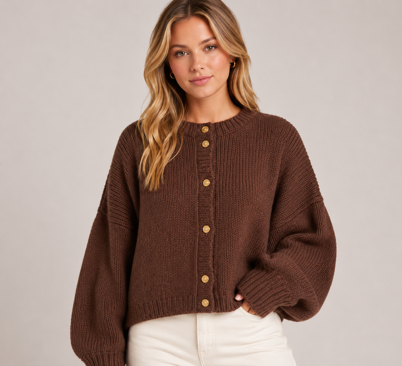 Women's Balloon Sleeve Button Up Knit Cardigan for Casual, Office, Travel & Autumn Winter Layering