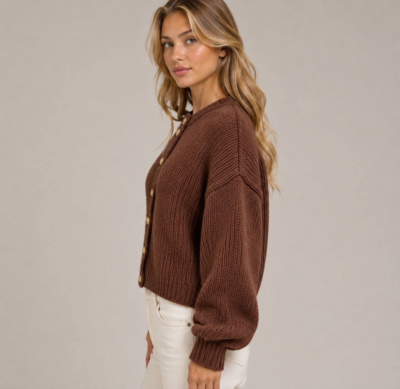 Women's Balloon Sleeve Button Up Knit Cardigan for Casual, Office, Travel & Autumn Winter Layering