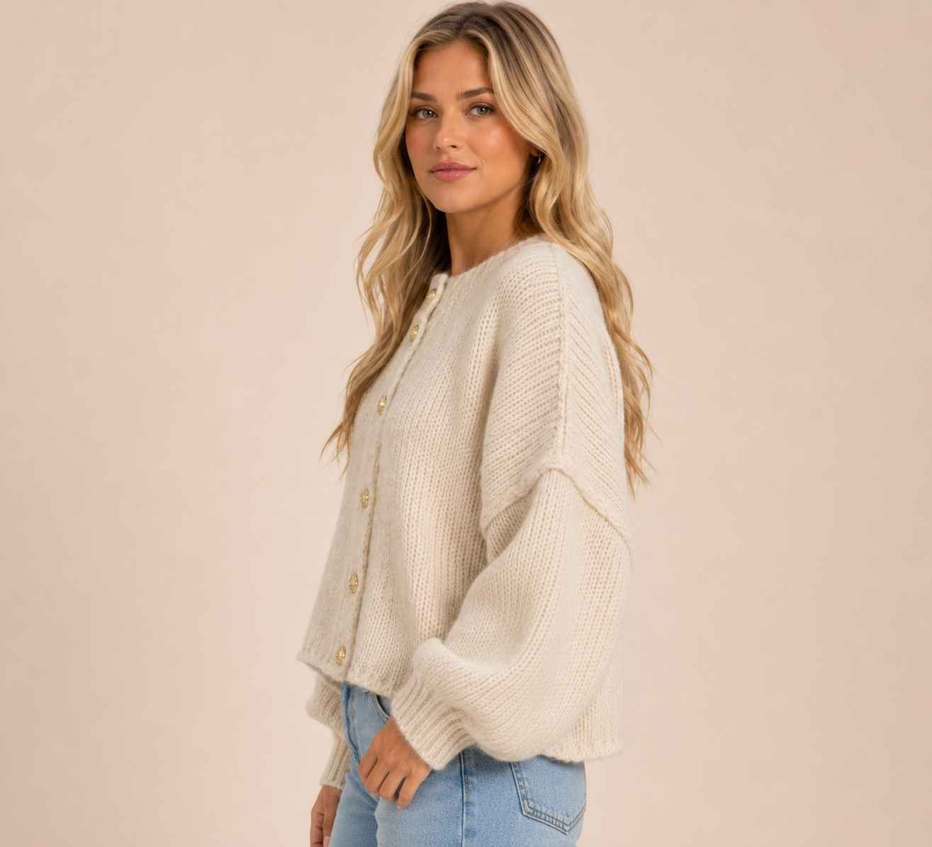 Women's Balloon Sleeve Button Up Knit Cardigan for Casual, Office, Travel & Autumn Winter Layering