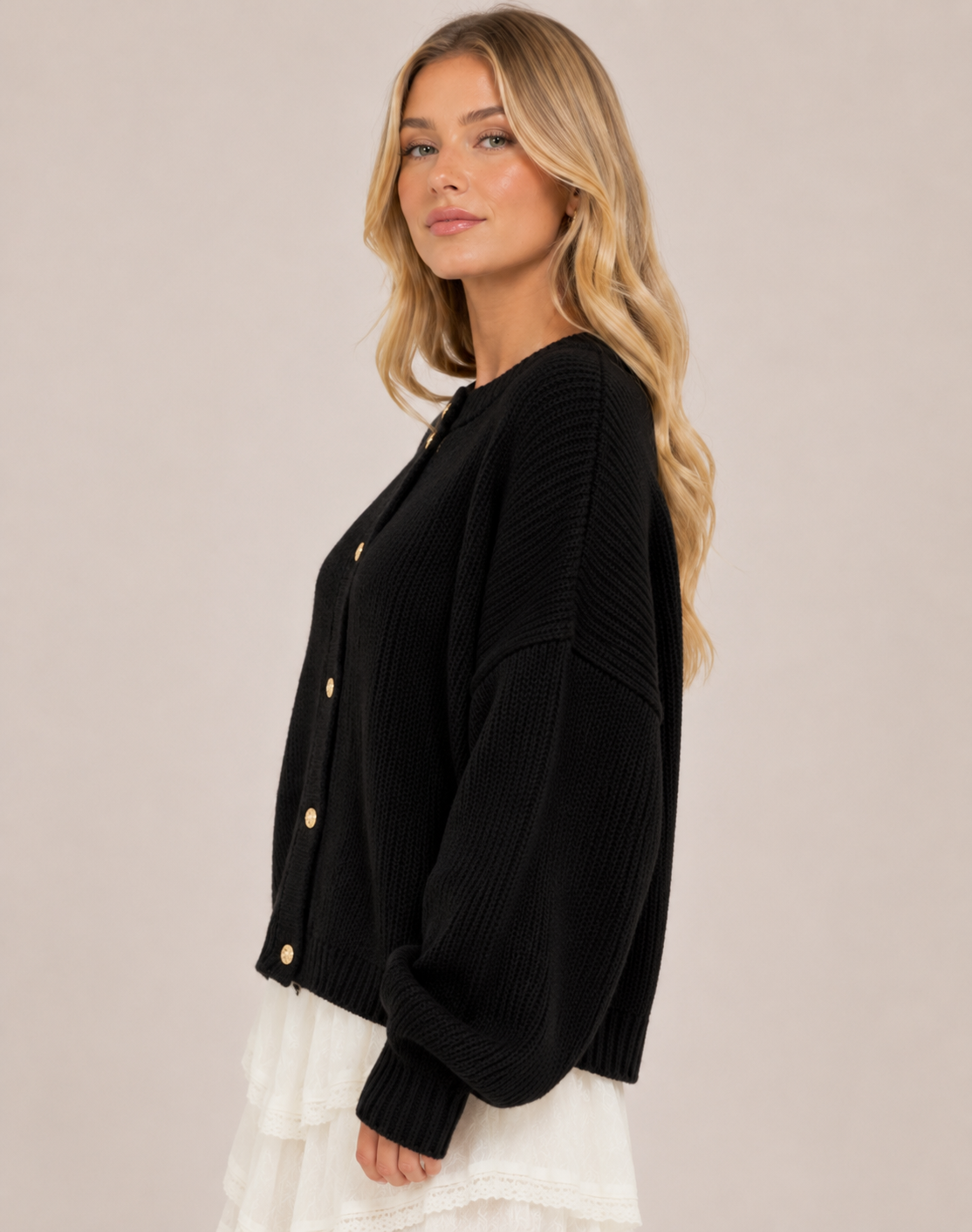Women's Balloon Sleeve Button Up Knit Cardigan for Casual, Office, Travel & Autumn Winter Layering