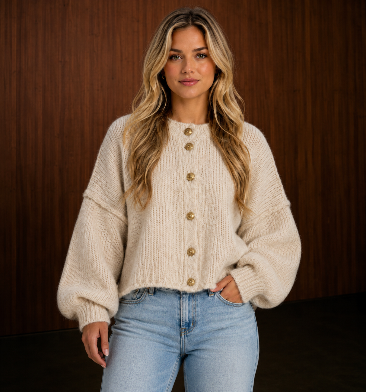Women's Balloon Sleeve Button Up Knit Cardigan for Casual, Office, Travel & Autumn Winter Layering