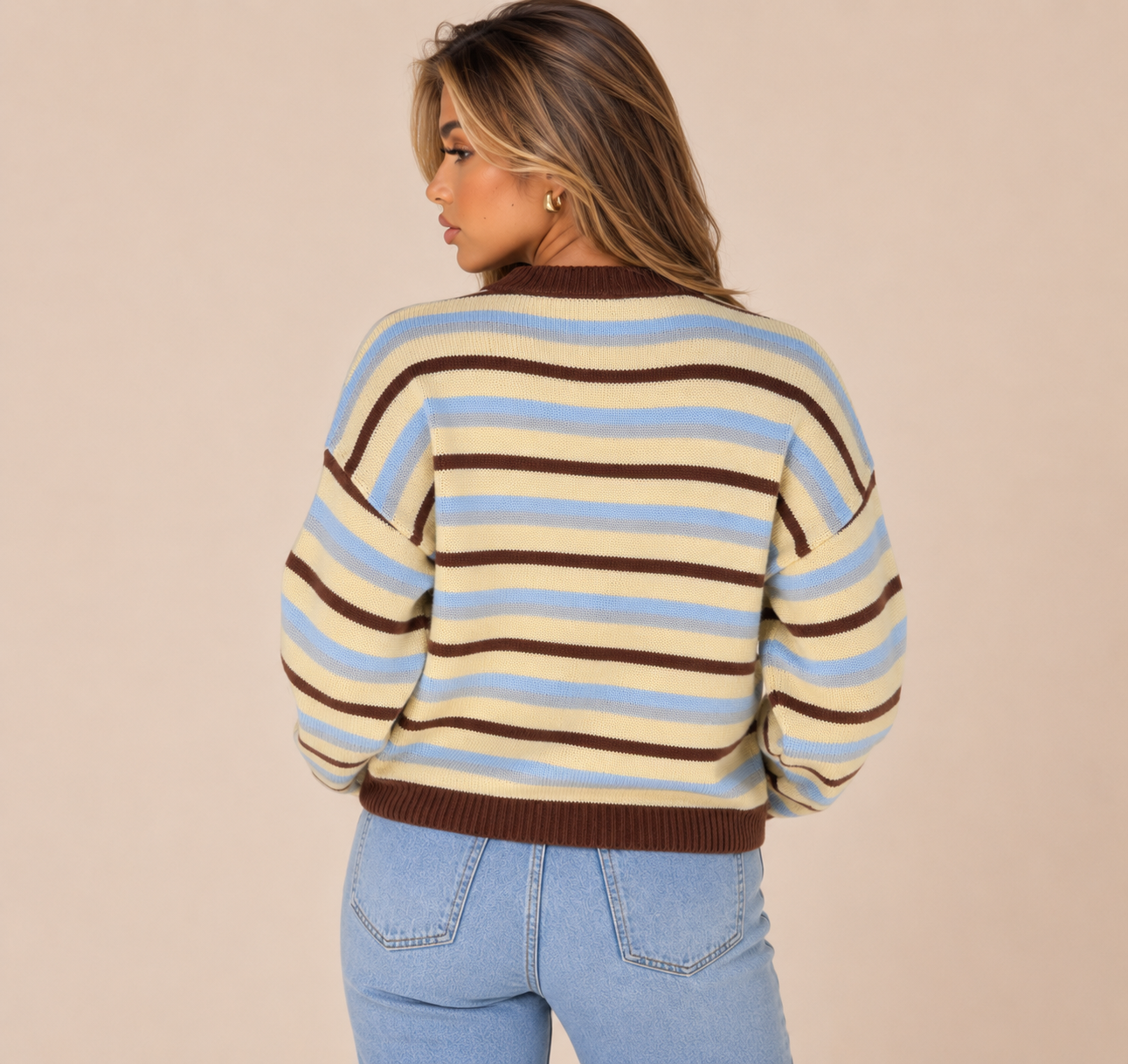 Women's Oversized Striped Button Up Knit Cardigan Cozy Drop Shoulder