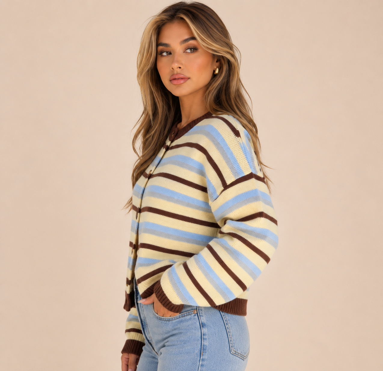 Women's Oversized Striped Button Up Knit Cardigan Cozy Drop Shoulder