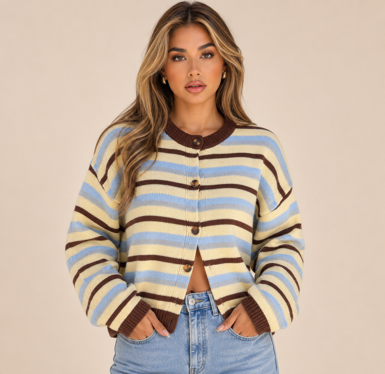 Women's Oversized Striped Button Up Knit Cardigan Cozy Drop Shoulder