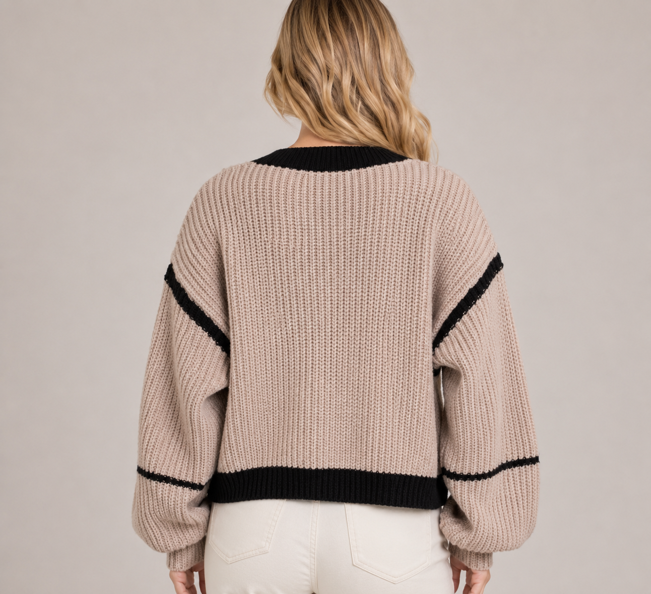 Women's Contrast Trim Lantern Sleeve Longline Knit Cardigan Oversized Sweater