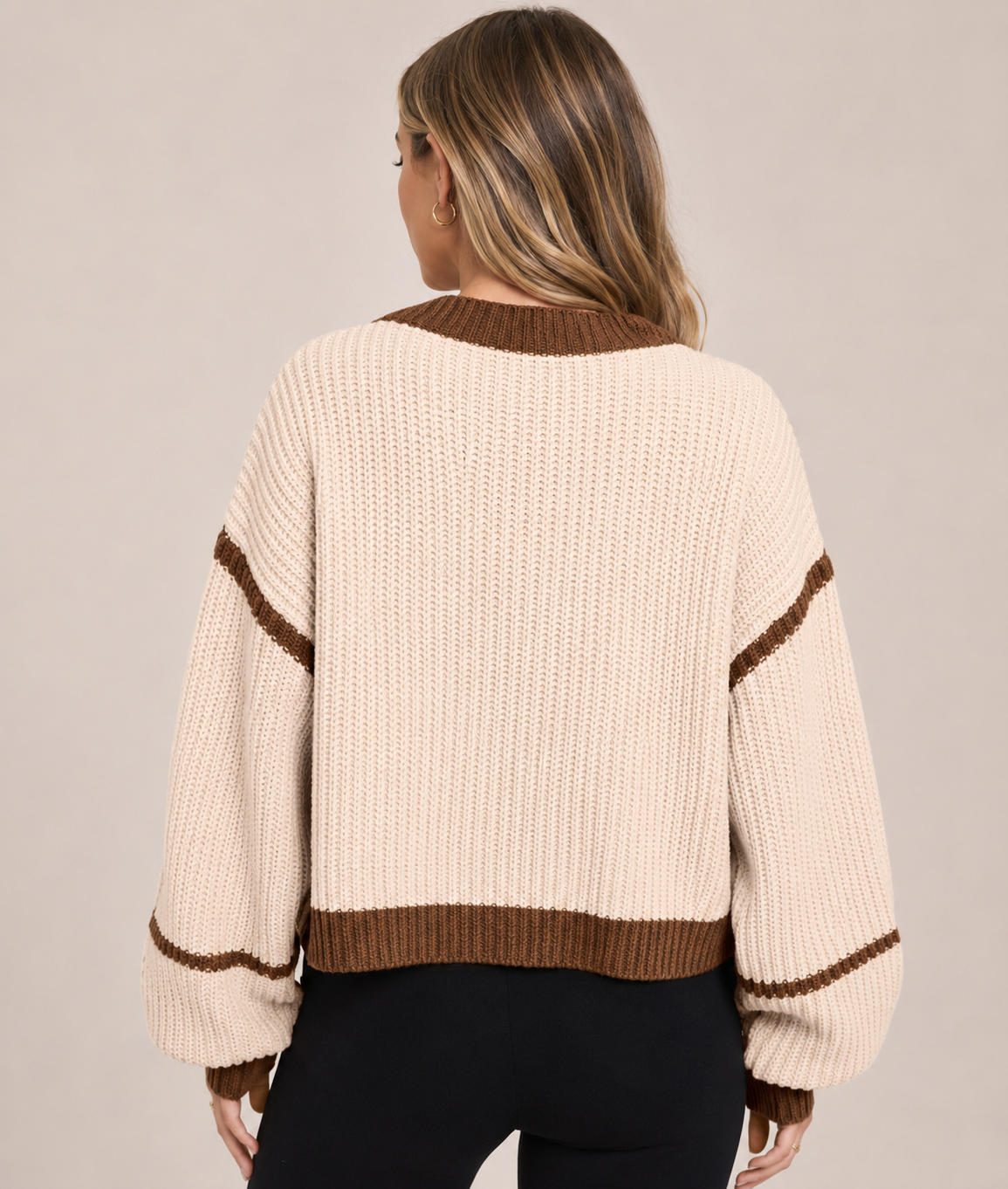 Women's Contrast Trim Lantern Sleeve Longline Knit Cardigan Oversized Sweater