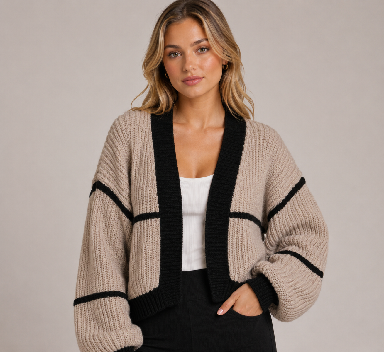 Women's Contrast Trim Lantern Sleeve Longline Knit Cardigan Oversized Sweater