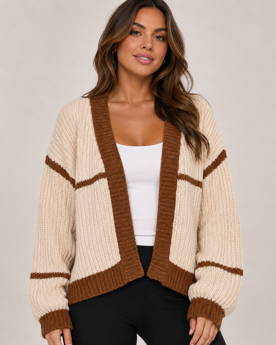 Women's Contrast Trim Lantern Sleeve Longline Knit Cardigan Oversized Sweater