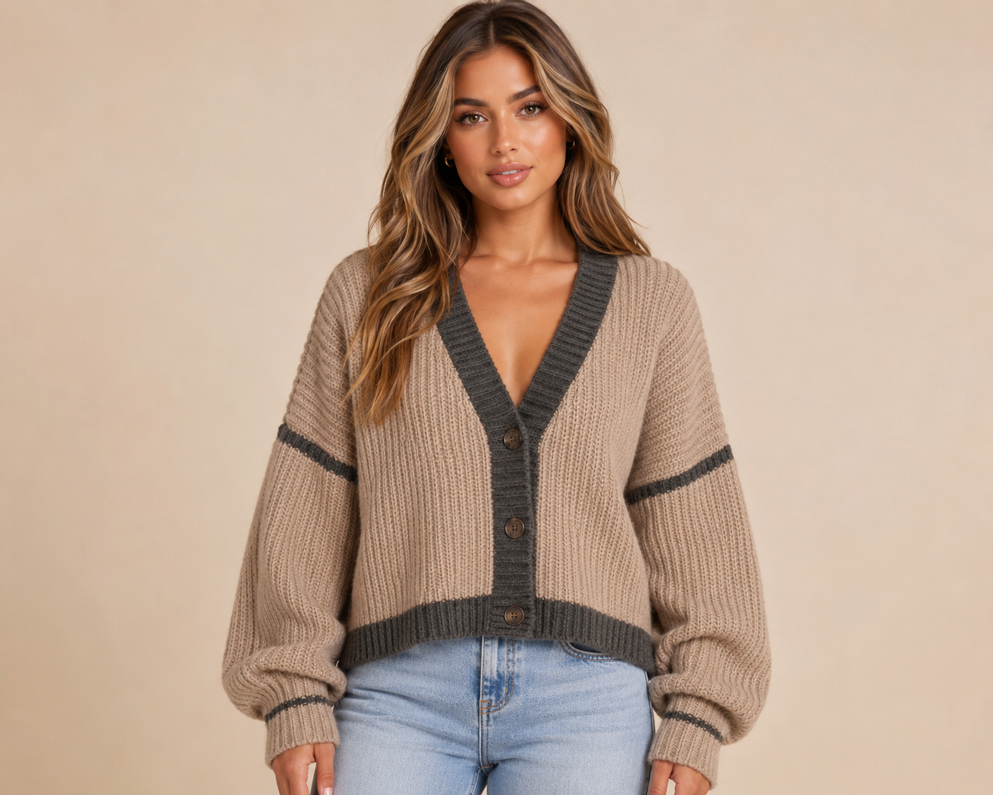 Women's Contrast Trim Lantern Sleeve Longline Knit Cardigan Oversized Sweater