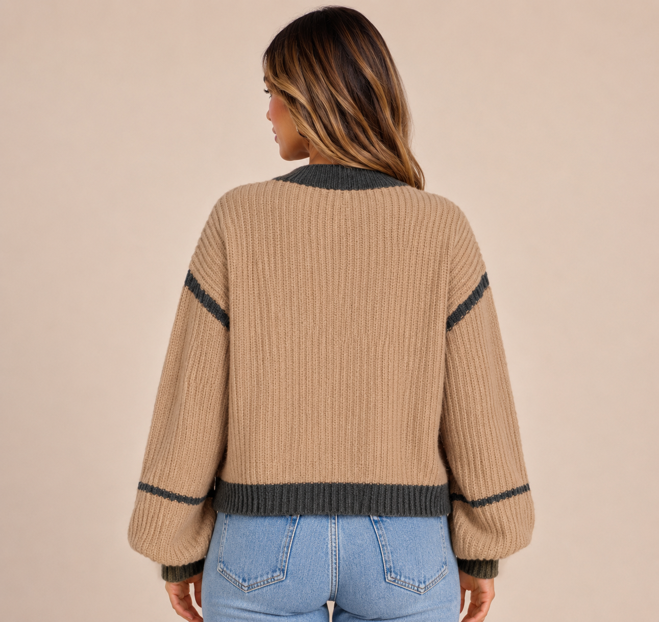 Women's Contrast Trim Lantern Sleeve Longline Knit Cardigan Oversized Sweater
