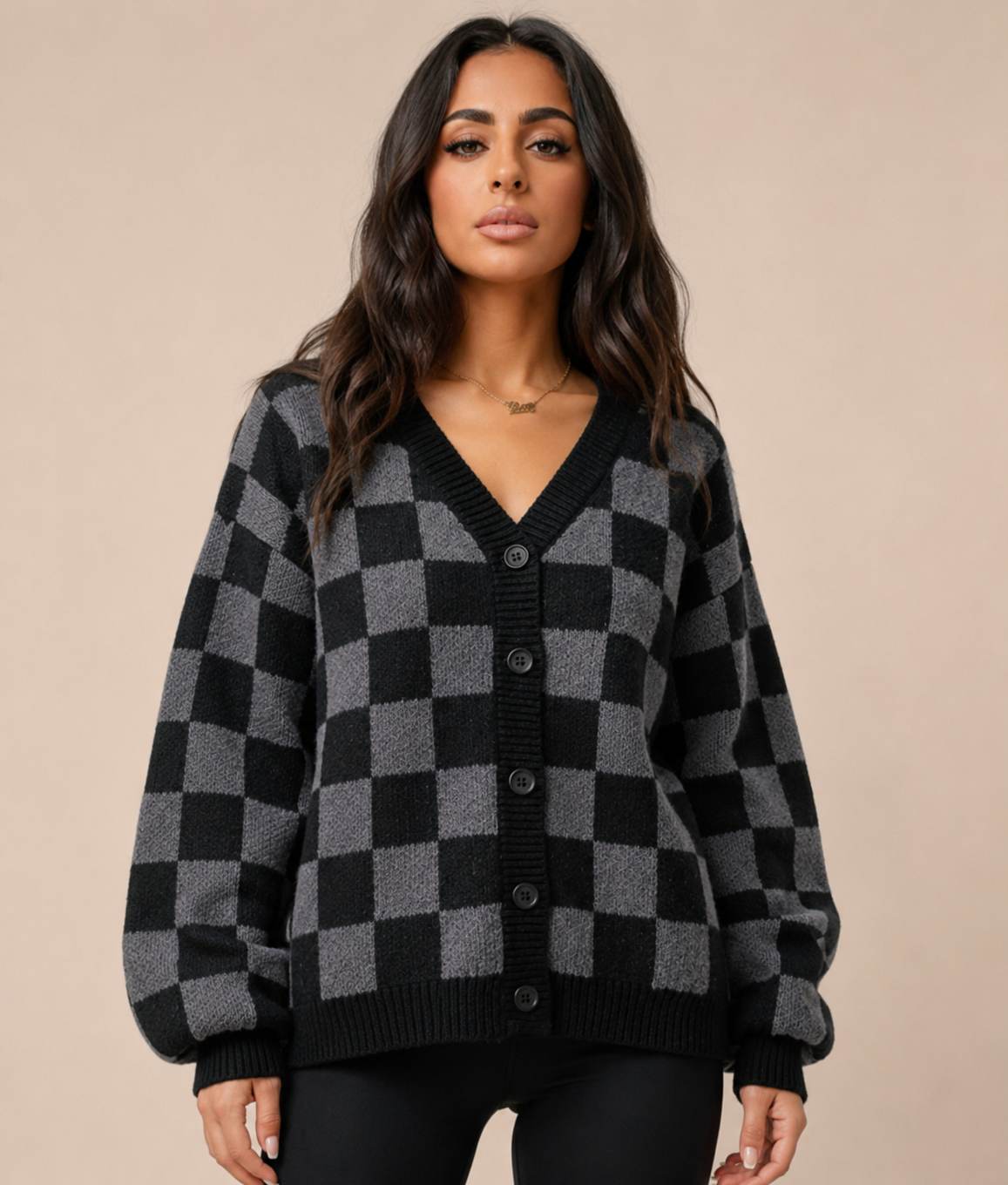 Women's Checkered Knit Cardigan Oversized Button Up Long Soft Warm Casual Autumn Winter Outerwear