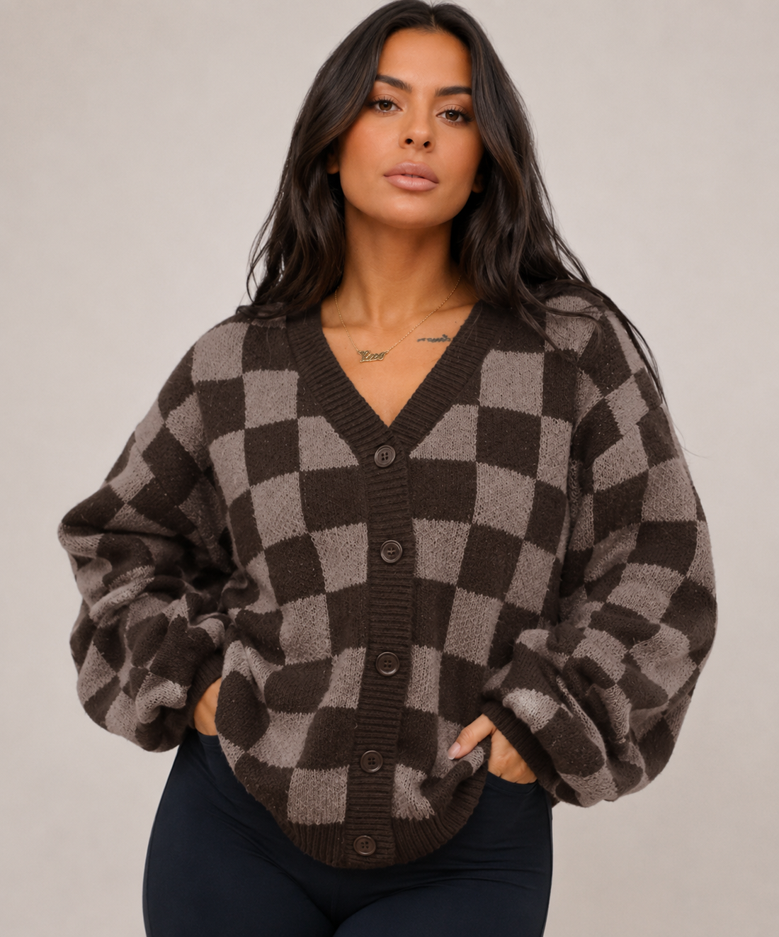 Women's Checkered Knit Cardigan Oversized Button Up Long Soft Warm Casual Autumn Winter Outerwear