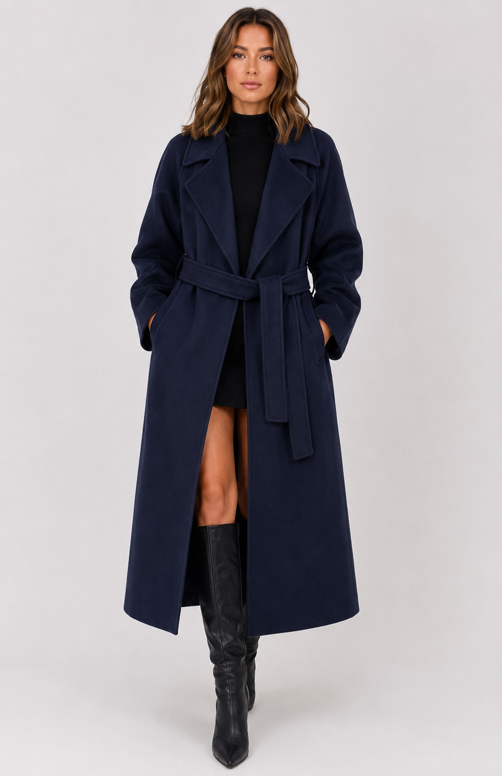 Women's Winter Autumn Belted Long Wool Blend Overcoat Elegant Tailored Coat with Lapel Collar