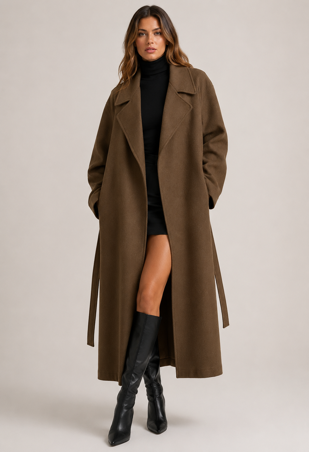 Women's Winter Autumn Belted Long Wool Blend Overcoat Elegant Tailored Coat with Lapel Collar
