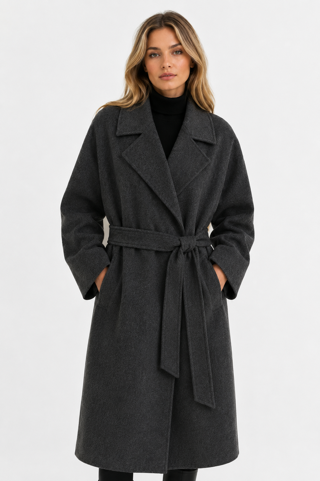 Women's Winter Autumn Belted Long Wool Blend Overcoat Elegant Tailored Coat with Lapel Collar