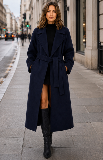 Women's Winter Autumn Belted Long Wool Blend Overcoat Elegant Tailored Coat with Lapel Collar